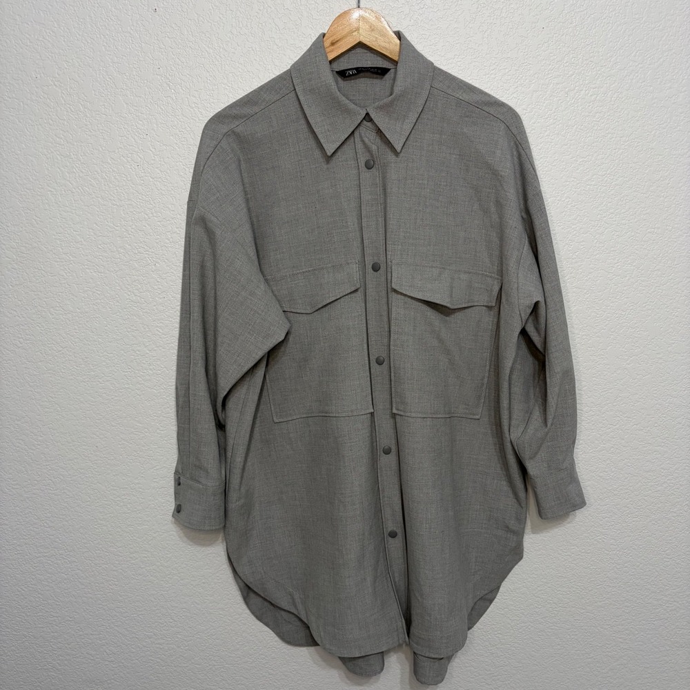 Zara Womens Grey Oversized Snap Button Down Shirt Jacket Shacket Size Medium - Picture 2 of 7